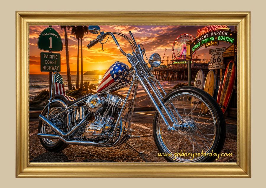 Stars and Stripes chopper at Santa Monica Pier print