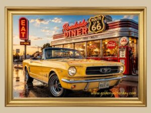Yellow '66 Ford Mustang Convertible — Route 66 Diner print